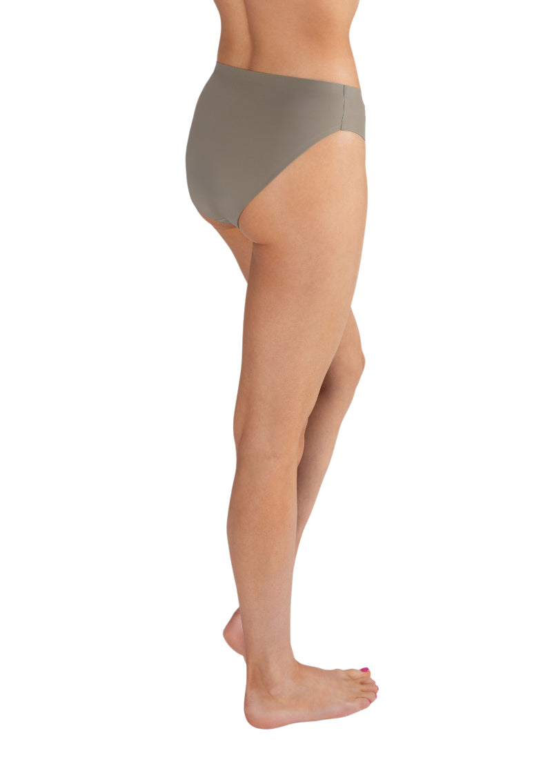 Energetiks ADB01 Women's Absorb Plus Dance Brief Period Underwear in Chai Grey Tan, shown on a dancer