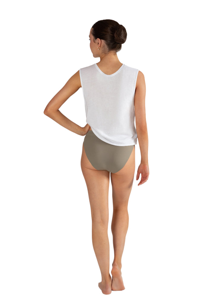 Energetiks ADB01 Teens' Absorb Plus Dance Brief Period Underwear in Chai Grey Tan, shown on a young adult dancer wearing a white tank top