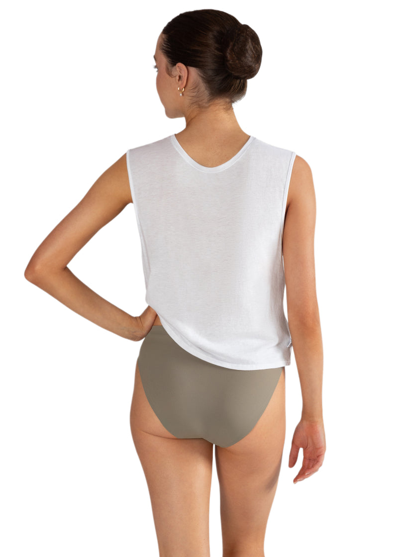 Energetiks ADB01 Teens' Absorb Plus Dance Brief Period Underwear in Chai Grey Tan, shown on a young adult dancer wearing a white tank top