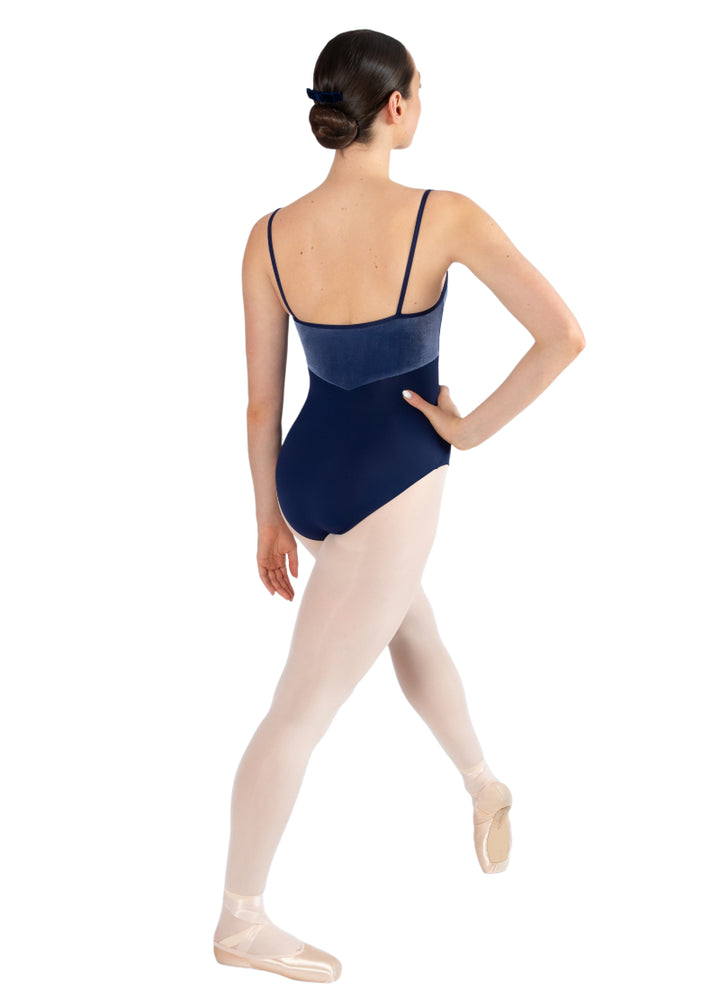 Energetiks IL64V Women's Veronica Camisole Leotard in Navy Blue with velvet bodice and V-waistline, shown on a ballet dancer