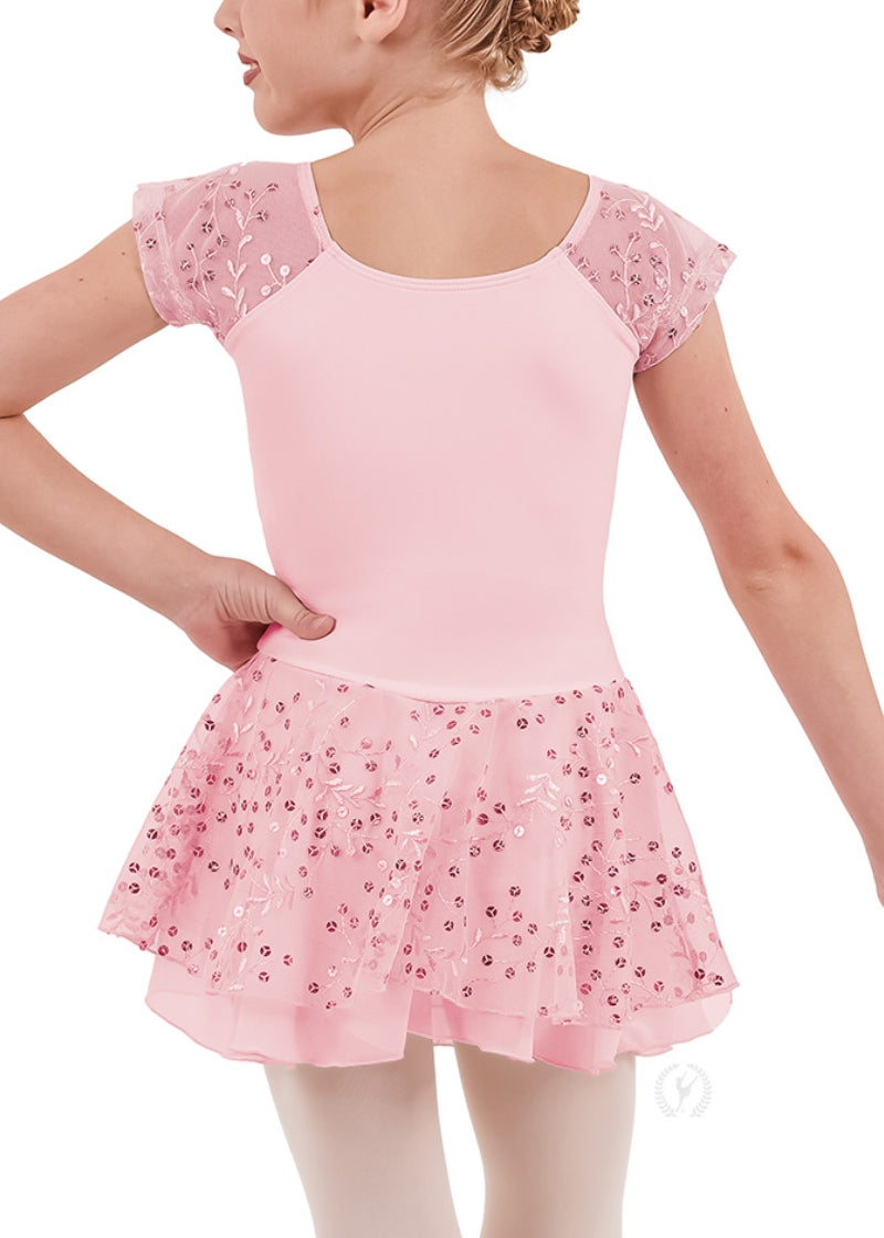 Eurotard youth pink dance dress with sequin mesh sleeves and skirt