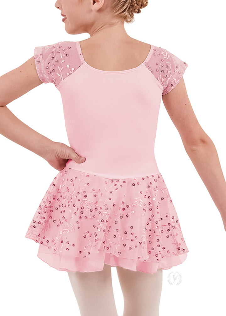 Eurotard youth pink dance dress with sequin mesh sleeves and skirt