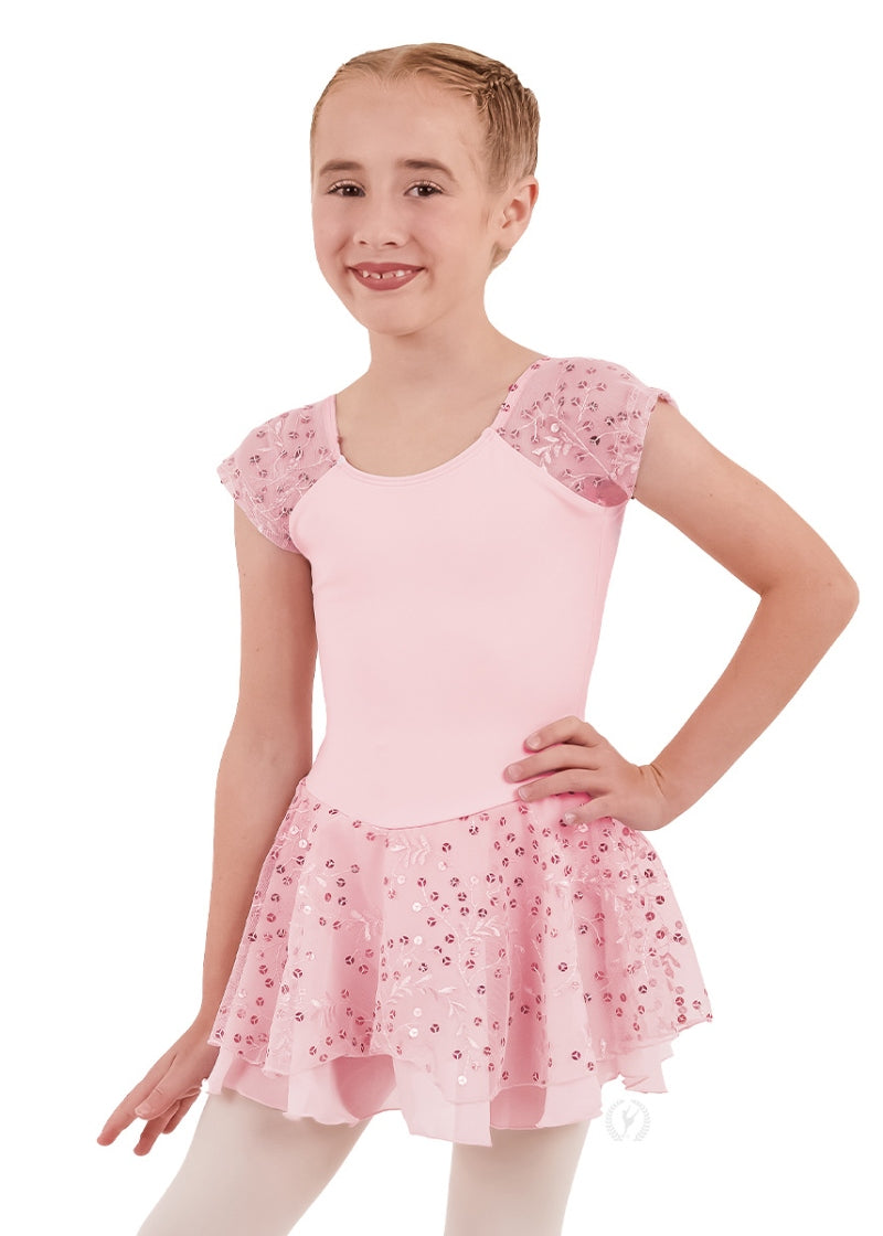 Eurotard youth pink dance dress with sequin mesh sleeves and skirt