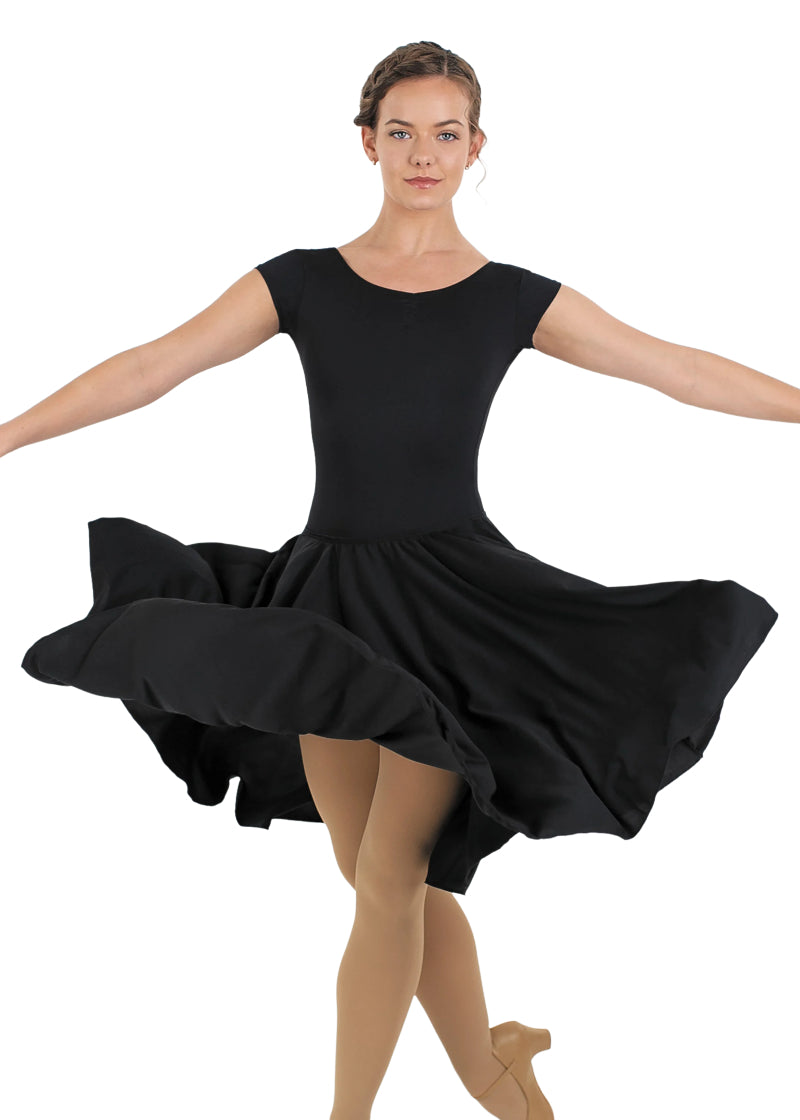 Eurotard 13774 Eurotard Womens Polyester Pull On Character Skirt in Black, shown on a model twirling and flaring out the skirt