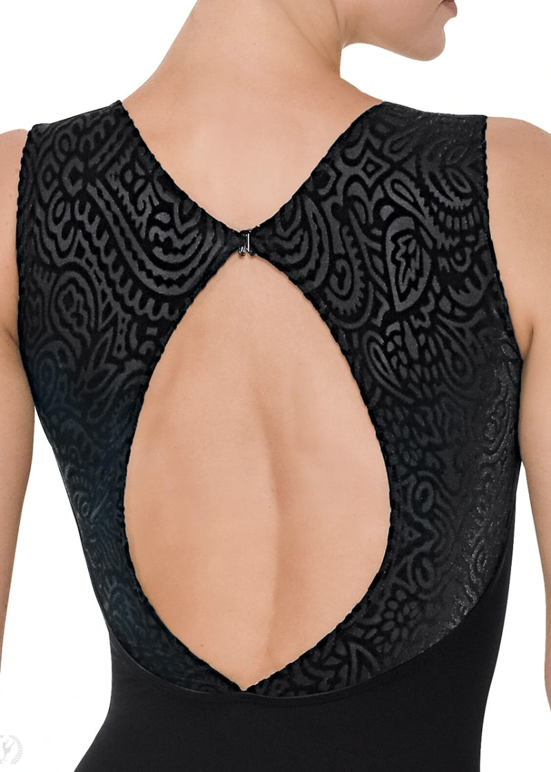 Eurotard black tank leotard with flocked mesh and open back