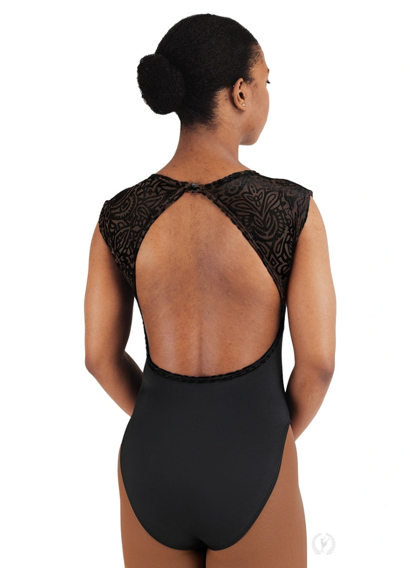 Eurotard black cap sleeve leotard with flocked mesh and open back