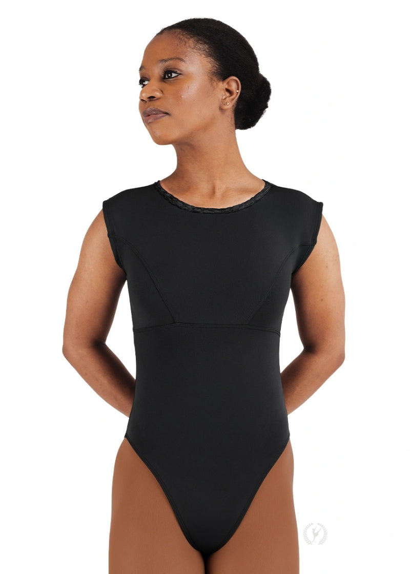 Eurotard black cap sleeve leotard with flocked mesh and princess seams
