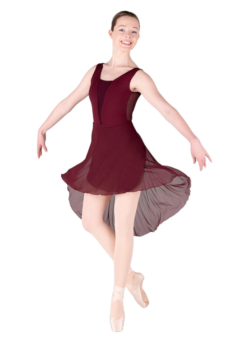 Eurotard red tank leotard with deep-V mesh insert pictured with hi-lo skirt