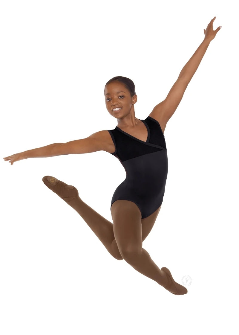 Eurotard black tank leotard with mock wrap bust