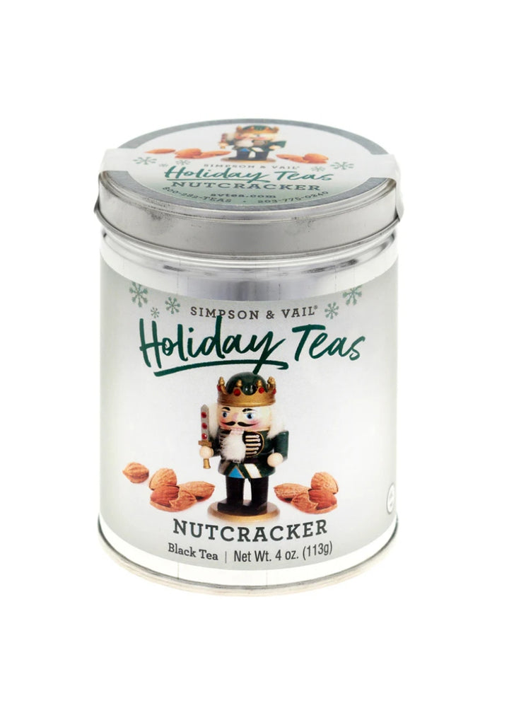 tea cannister labeled "holiday teas nutcracker"