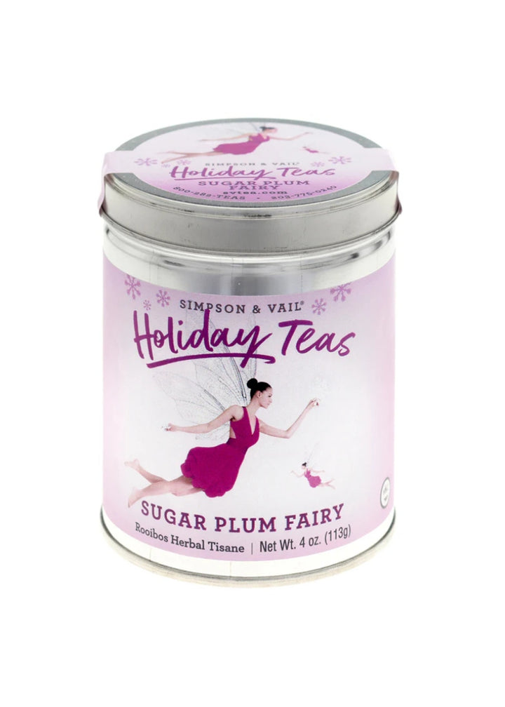 tea cannister labeled "holiday teas sugar plum fairy"