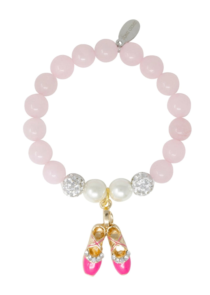 Zomi Gems T1030 Girls' Fancy Ballerina Bracelet with light pink crystal beads, sparkly silver beads, and faux pearls with a hot pink and gold ballet shoe charm