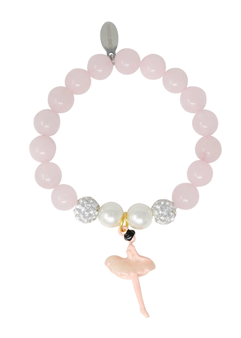 Zomi Gems T1030 Girls' Fancy Ballerina Bracelet with light pink crystal beads, sparkly silver beads, and faux pearls with a light pink ballerina charm