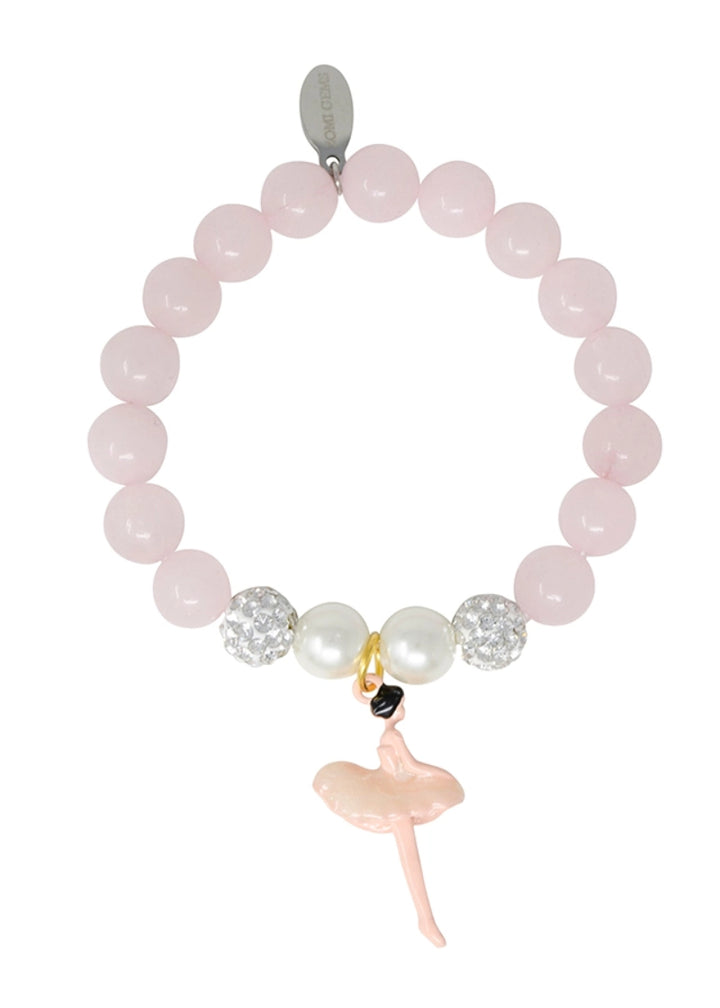 Zomi Gems T1030 Girls' Fancy Ballerina Bracelet with light pink crystal beads, sparkly silver beads, and faux pearls with a light pink ballerina charm