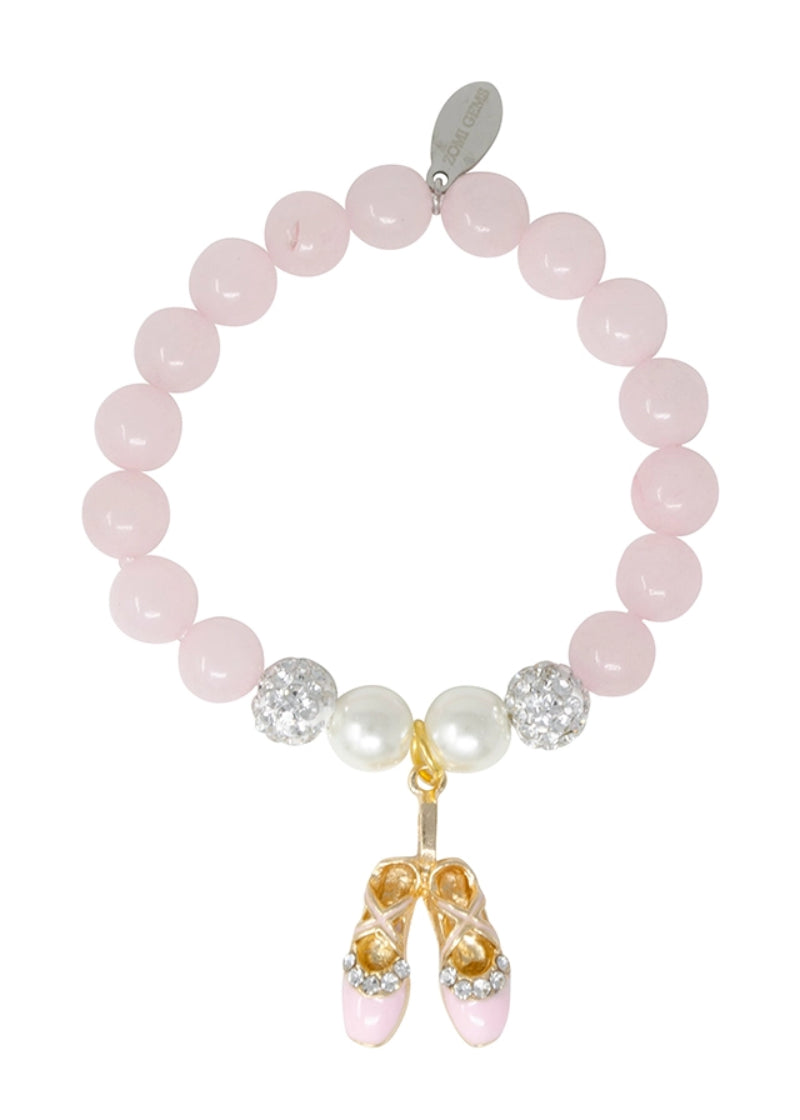 Zomi Gems T1030 Girls' Fancy Ballerina Bracelet with light pink crystal beads, sparkly silver beads, and faux pearls with a light pink and gold ballet shoe charm
