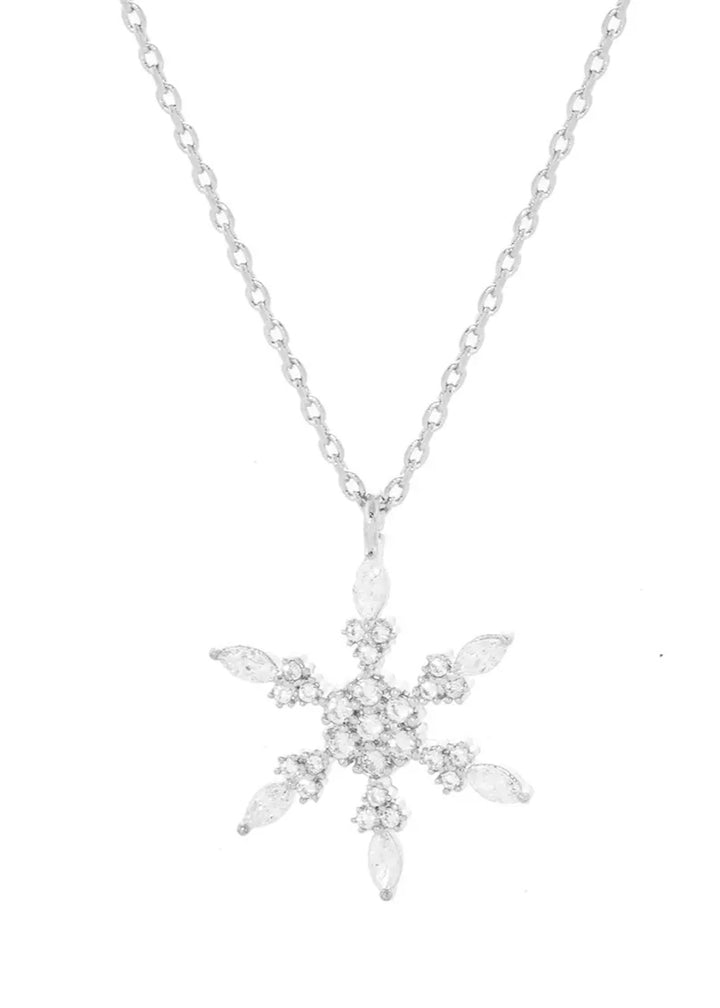 rhodium-plated snowflake pendant necklace with cubic zirconium stones 
