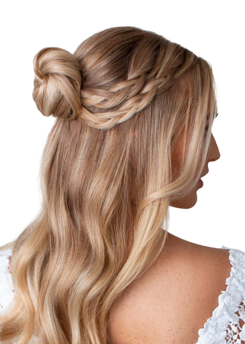 A model with blonde hair demonstrating the use of Frenchies Hair Pins in Blonde for creating an elegant half-up half-down hairstyle