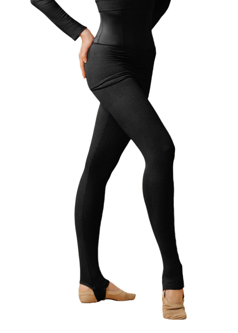 Grand Prix MUV40Tx Women's Nadine Rib Knit Warm-Up Leggings in Black with a stirrup foot and fold-over waist