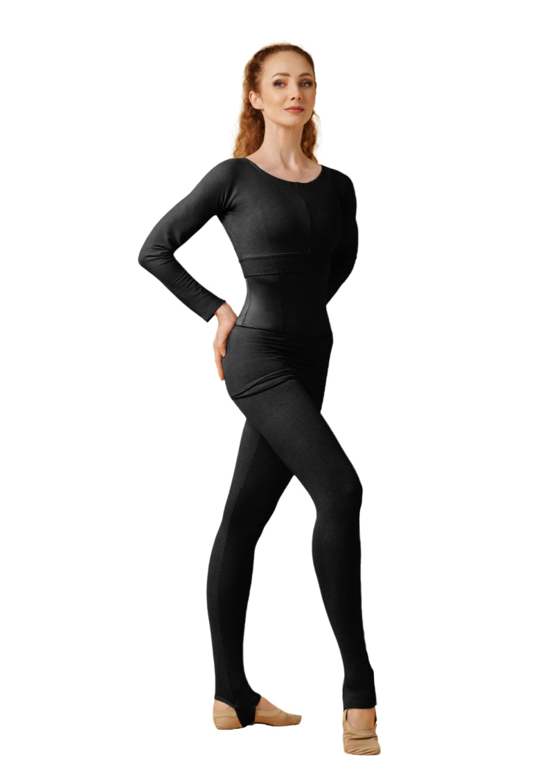 Grand Prix MUV40Tx Women's Nadine Rib Knit Warm-Up Leggings in Black with a stirrup foot and fold-over waist