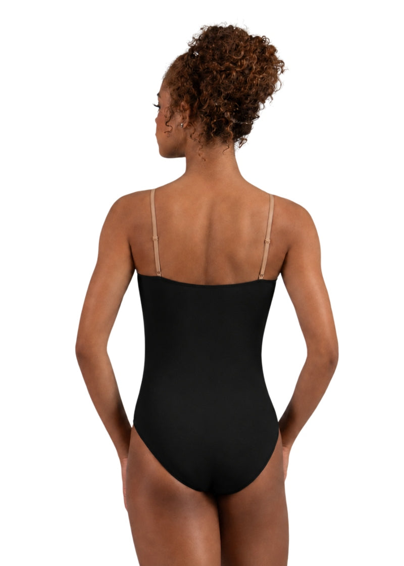 Ballet Rosa Gretta camisole leotard with beige adjustable straps and mesh deep V insert in Noir black