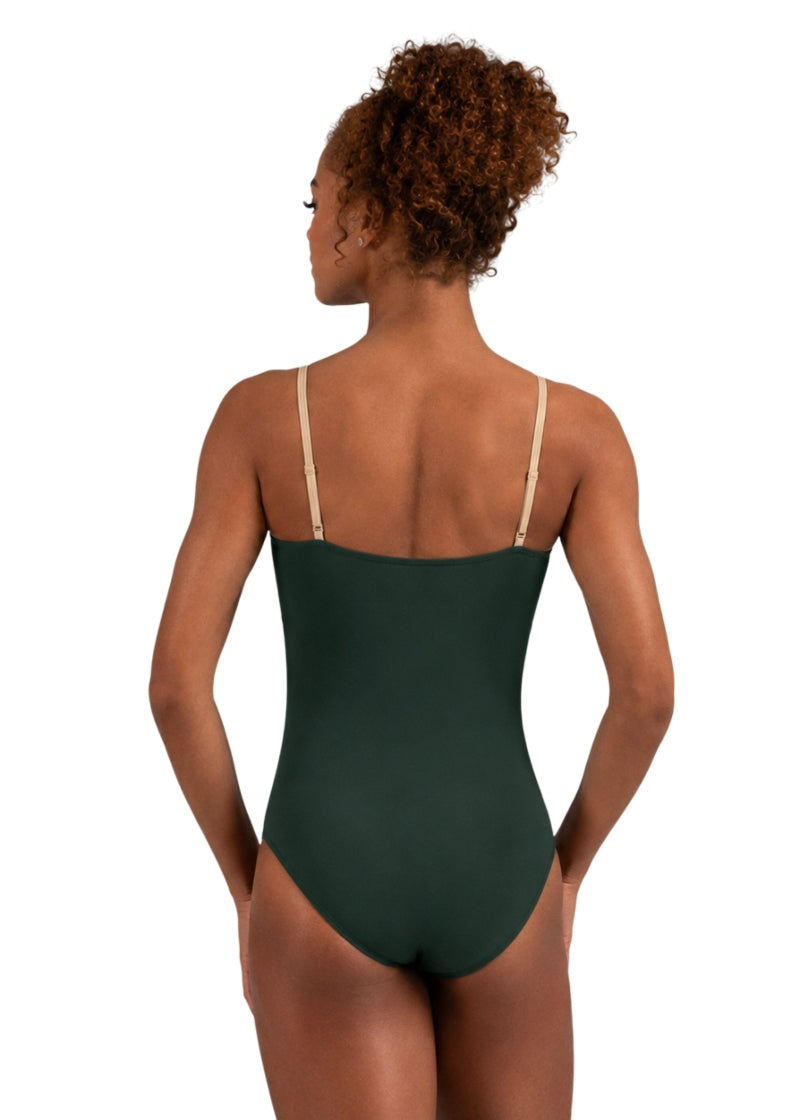 Ballet Rosa Gretta camisole leotard with beige adjustable straps and mesh deep V insert in Verdi hunter green