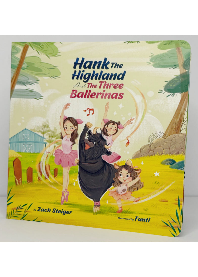 Hank's Stuff ISBN 979-8-218-64956-2 Hank the Highland and the Three Ballerinas Children's Storybook by Zach Steiger and illustrated by Funti