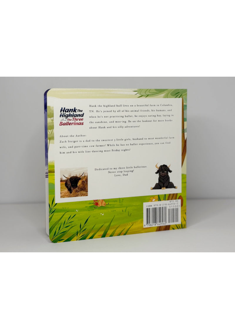 Back Cover of Hank's Stuff ISBN 979-8-218-64956-2 Hank the Highland and the Three Ballerinas Children's Storybook by Zach Steiger and illustrated by Funti