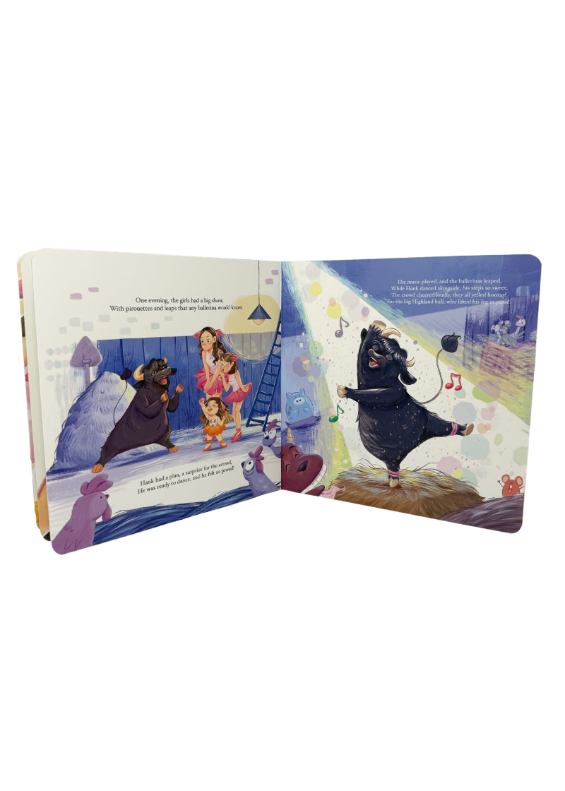 Hank's Stuff ISBN 979-8-218-64956-2 Hank the Highland and the Three Ballerinas Children's Storybook by Zach Steiger and illustrated by Funti