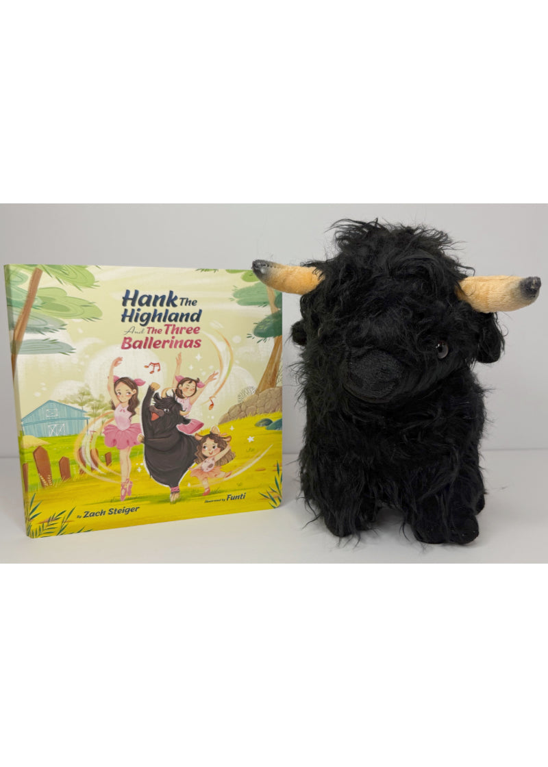 Hank's Stuff Hank the Highland Bull Plush Toy, shown here with the storybook Hank the Highland and the Three Ballerinas by Zach Steiger and Funti