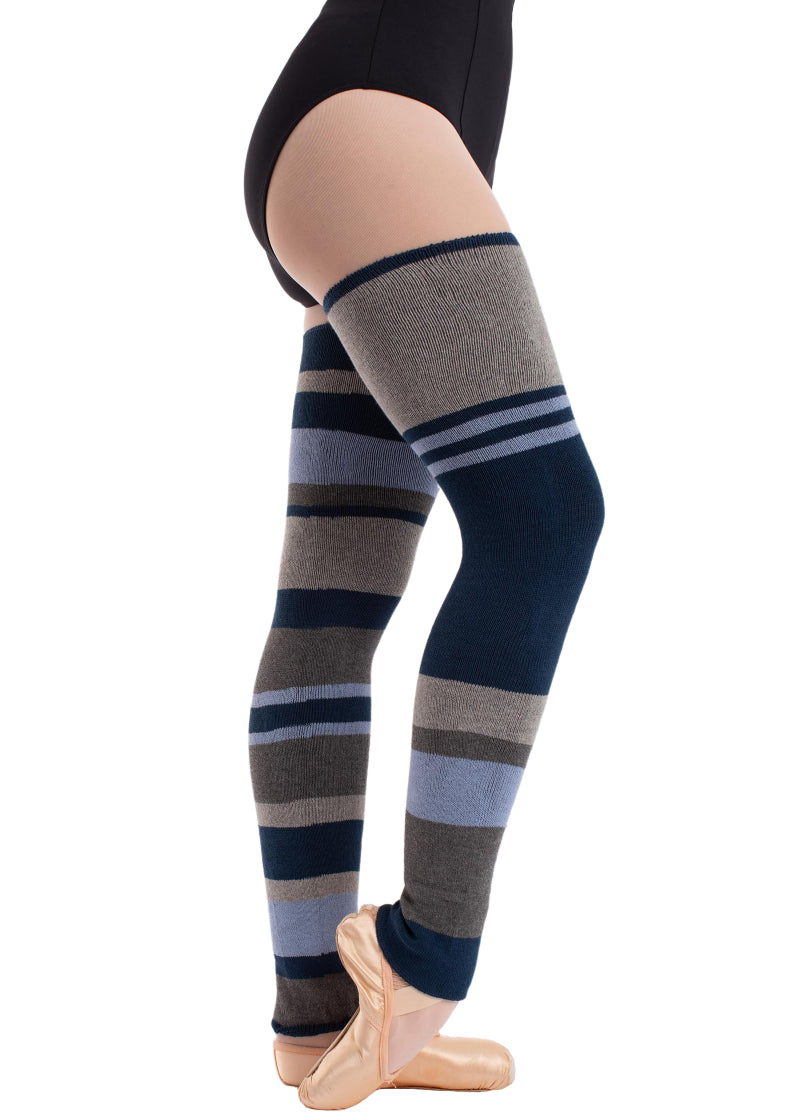 Intermezzo 2024-258 Women's Maxisurbi Asymmetrical Stripe Stretch Cotton Thigh-High Legwarmers in Blue Aqua-Light Blue-Grey-Dark Grey