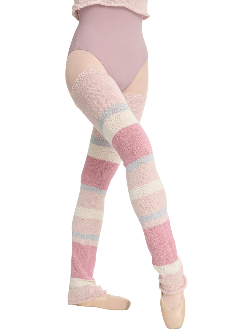 Intermezzo Spring-Summer 2048-021 Women's Heather Bamboo 4-Color Striped Thigh-High Legwarmers with Pale Pink, Dark Pink, Cream, and Light Blue uneven stripes, shown on a ballet dancer