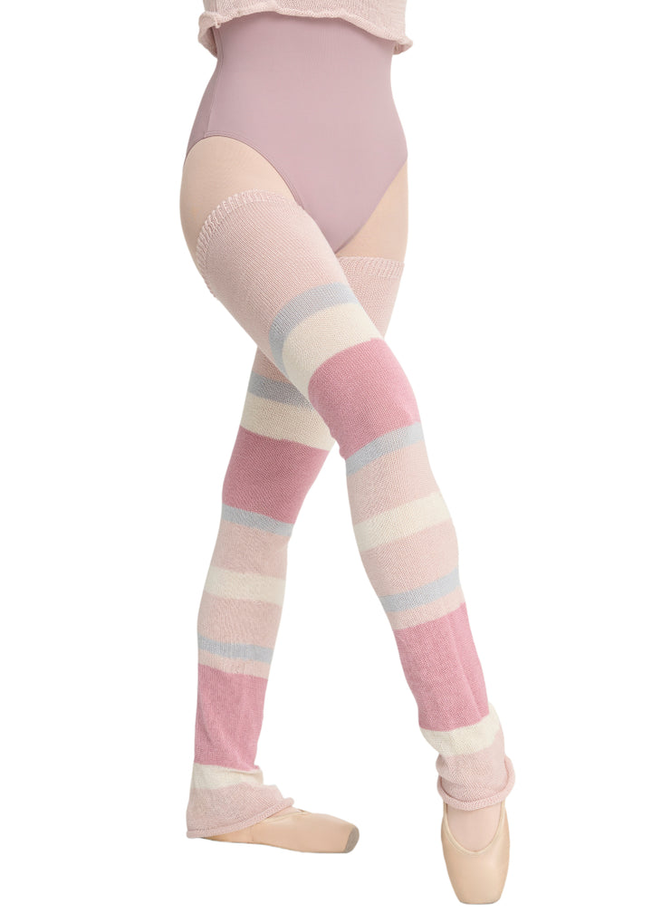 Intermezzo Spring-Summer 2048-021 Women's Heather Bamboo 4-Color Striped Thigh-High Legwarmers with Pale Pink, Dark Pink, Cream, and Light Blue uneven stripes, shown on a ballet dancer