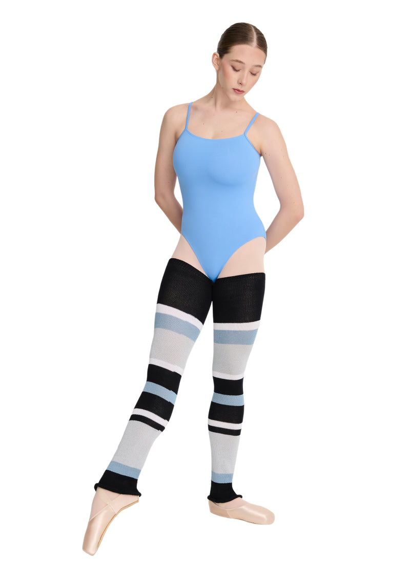 Intermezzo Spring-Summer 2048-037 Women's Heather Bamboo 4-Color Striped Thigh-High Legwarmers with Black, Grey, White, and Light Blue uneven stripes, shown on a ballet dancer