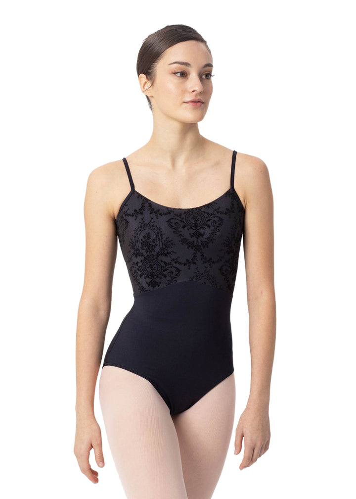 Intermezzo 31587 Women's BODYMERNILASTRAP Flocked Mesh Bust and Mid-Cut Scoop Back Camisole Leotard in Black, shown on a ballet dancer wearing pink tights