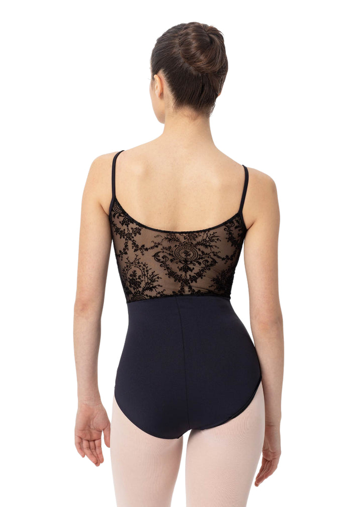 Intermezzo 31587 Women's BODYMERNILASTRAP Flocked Mesh Bust and Mid-Cut Scoop Back Camisole Leotard in Black, shown on a ballet dancer wearing pink tights