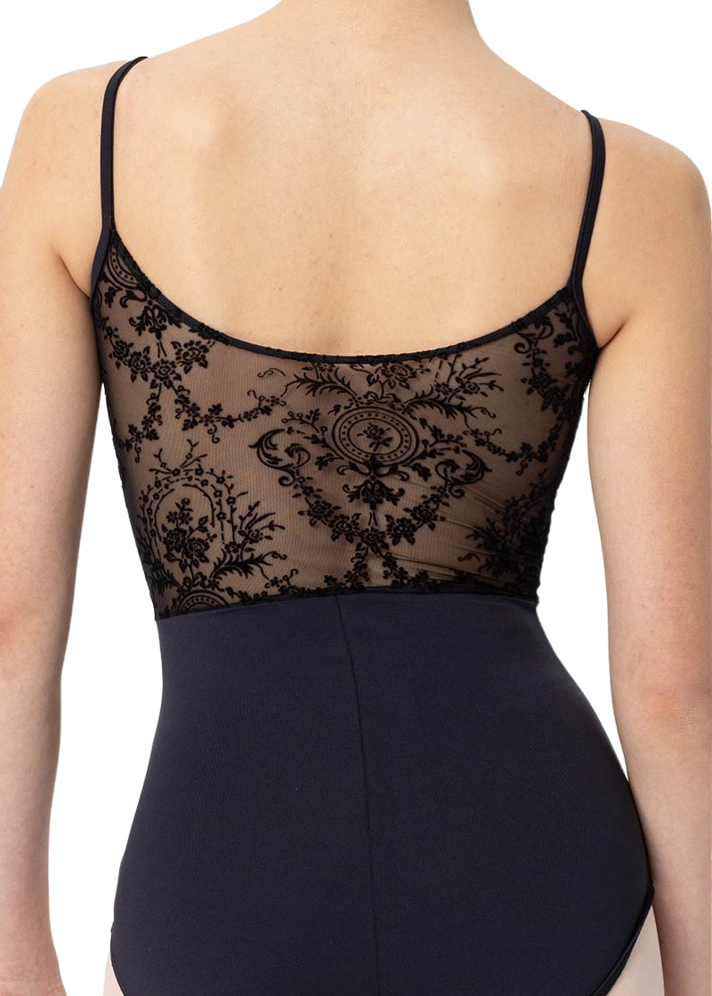Intermezzo 31587 Women's BODYMERNILASTRAP Flocked Mesh Bust and Mid-Cut Scoop Back Camisole Leotard in Black, shown on a ballet dancer wearing pink tights