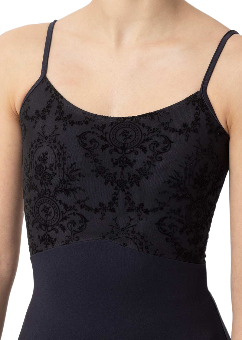 Intermezzo 31587 Women's BODYMERNILASTRAP Flocked Mesh Bust and Mid-Cut Scoop Back Camisole Leotard in Black, shown on a ballet dancer wearing pink tights