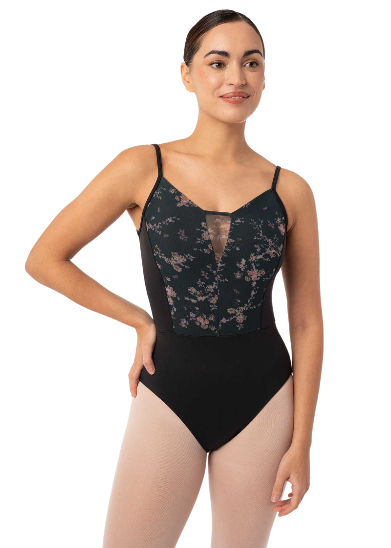 Intermezzo 31708-037 Florinda Floral Mesh Overlay Camisole Leotard in Black/Pink Cottagecore Grandmacore