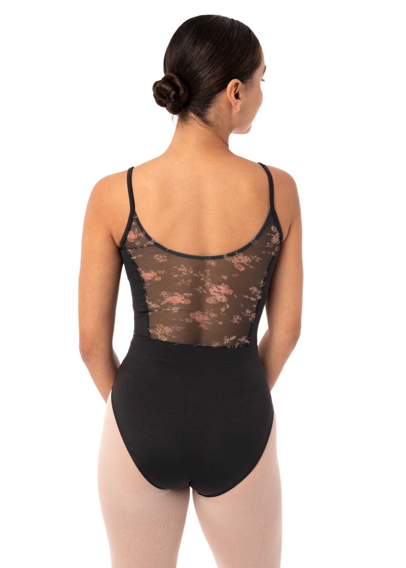 Intermezzo 31708-037 Florinda Floral Mesh Back Camisole Leotard in Black/Pink Cottagecore Grandmacore