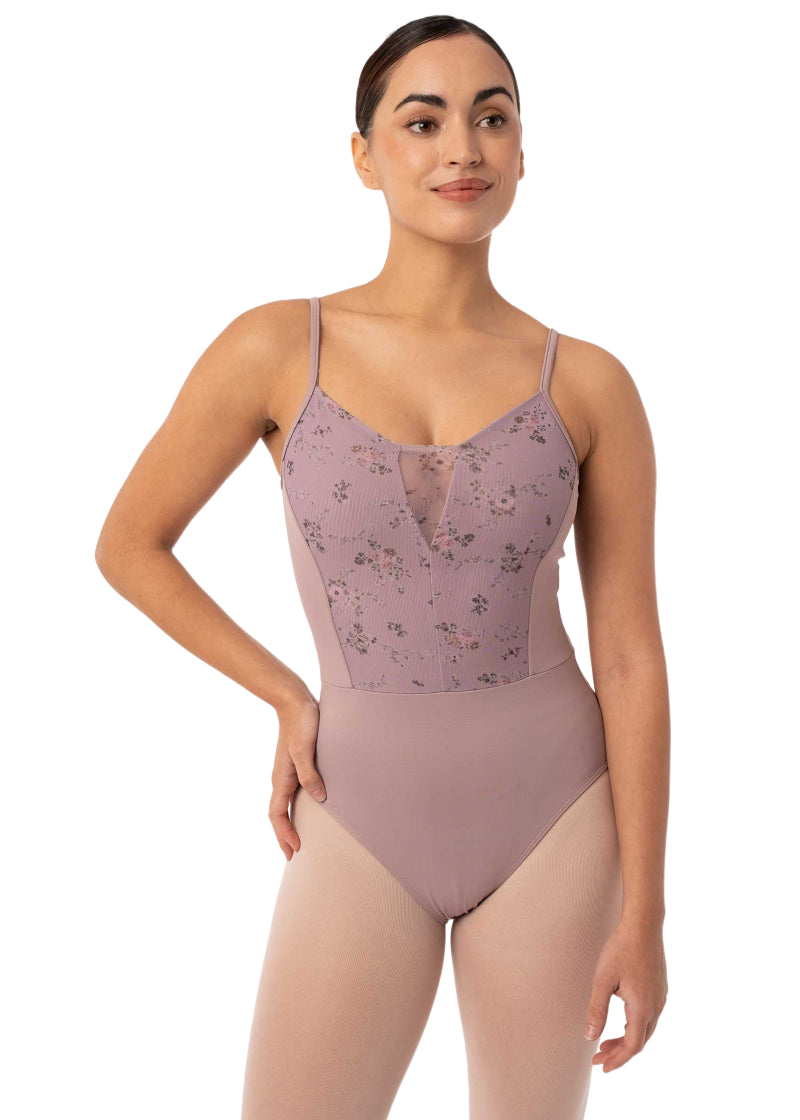 Intermezzo 31708-260 Florinda Floral Mesh Overlay Camisole Leotard in Dahlia Pink/Purple Cottagecore Grandmacore