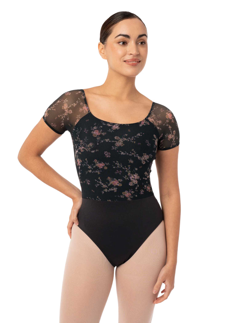 Intermezzo 31709-037 Felicity Floral Mesh Short Sleeve Leotard in Black/Pink Cottagecore Grandmacore