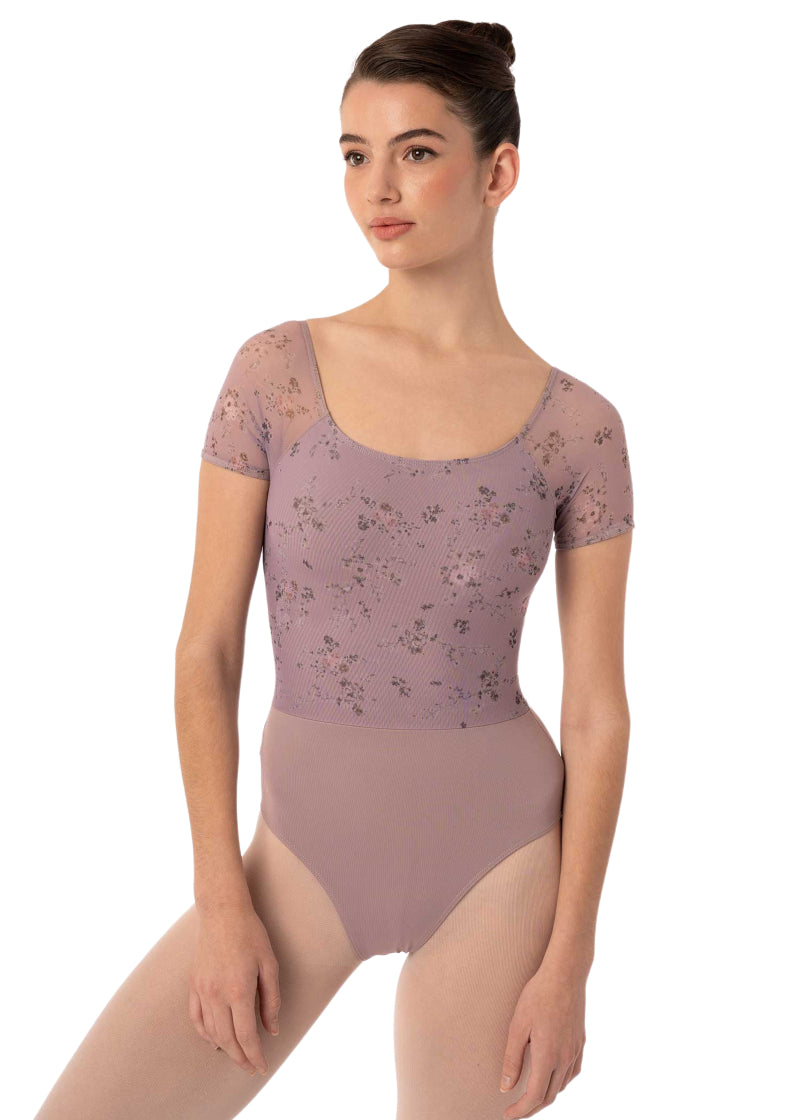 Intermezzo 31709-260 Felicity Floral Mesh Short Sleeve Leotard in Dahlia Pink/Purple Cottagecore Grandmacore