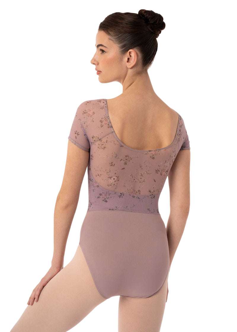Intermezzo 31709-260 Felicity Floral Mesh Back Short Sleeve Leotard in Dahlia Pink/Purple Cottagecore Grandmacore