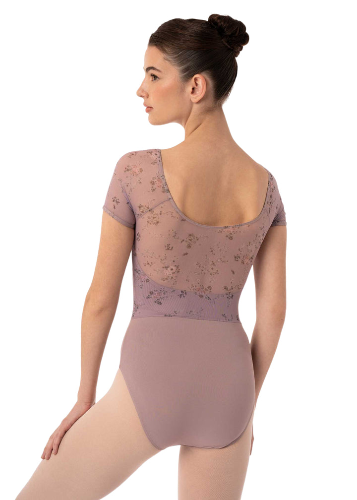Intermezzo 31709-260 Felicity Floral Mesh Back Short Sleeve Leotard in Dahlia Pink/Purple Cottagecore Grandmacore