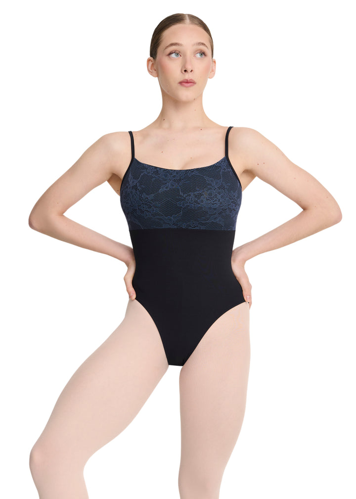 Intermezzo Spring-Summer 2026 Aura Collection 31727-037 Women's Haley Floral Lace Camisole Leotard in Black with Contrast Blue Lace Bust Overlay and Back, shown on a ballet dancer