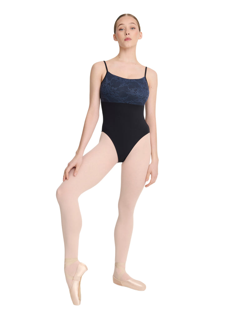 Intermezzo Spring-Summer 2026 Aura Collection 31727-037 Women's Haley Floral Lace Camisole Leotard in Black with Contrast Blue Lace Bust Overlay and Back, shown on a ballet dancer
