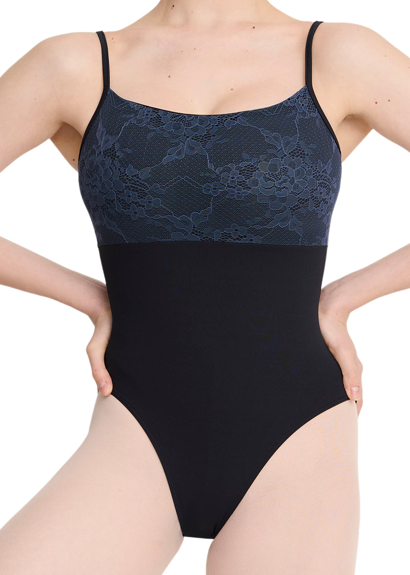Intermezzo Spring-Summer 2026 Aura Collection 31727-037 Women's Haley Floral Lace Camisole Leotard in Black with Contrast Blue Lace Bust Overlay and Back, shown on a ballet dancer