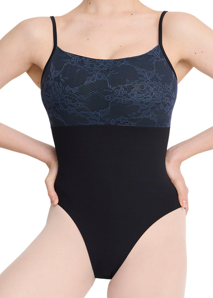Intermezzo Spring-Summer 2026 Aura Collection 31727-037 Women's Haley Floral Lace Camisole Leotard in Black with Contrast Blue Lace Bust Overlay and Back, shown on a ballet dancer