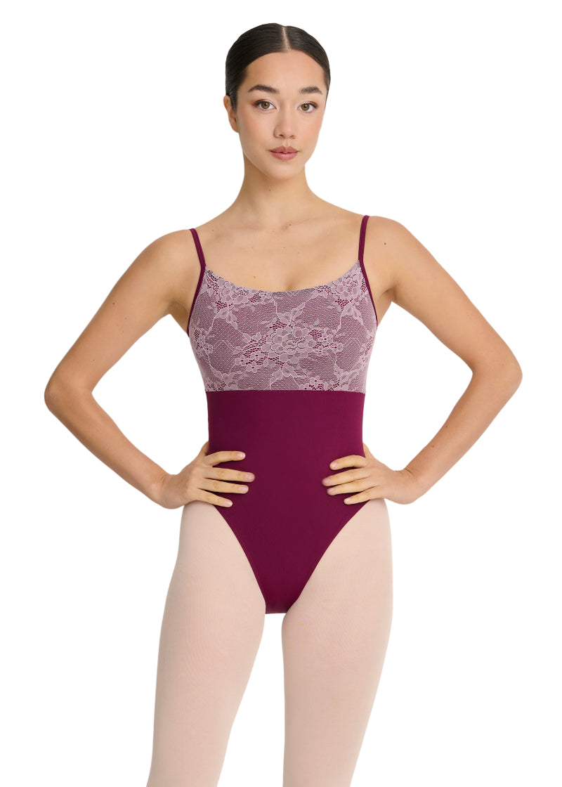 Intermezzo Spring-Summer 2026 Aura Collection 31727-275 Women's Haley Floral Lace Camisole Leotard in Garnet Burgundy with Contrast White Lace Bust Overlay and Back, shown on a ballet dancer