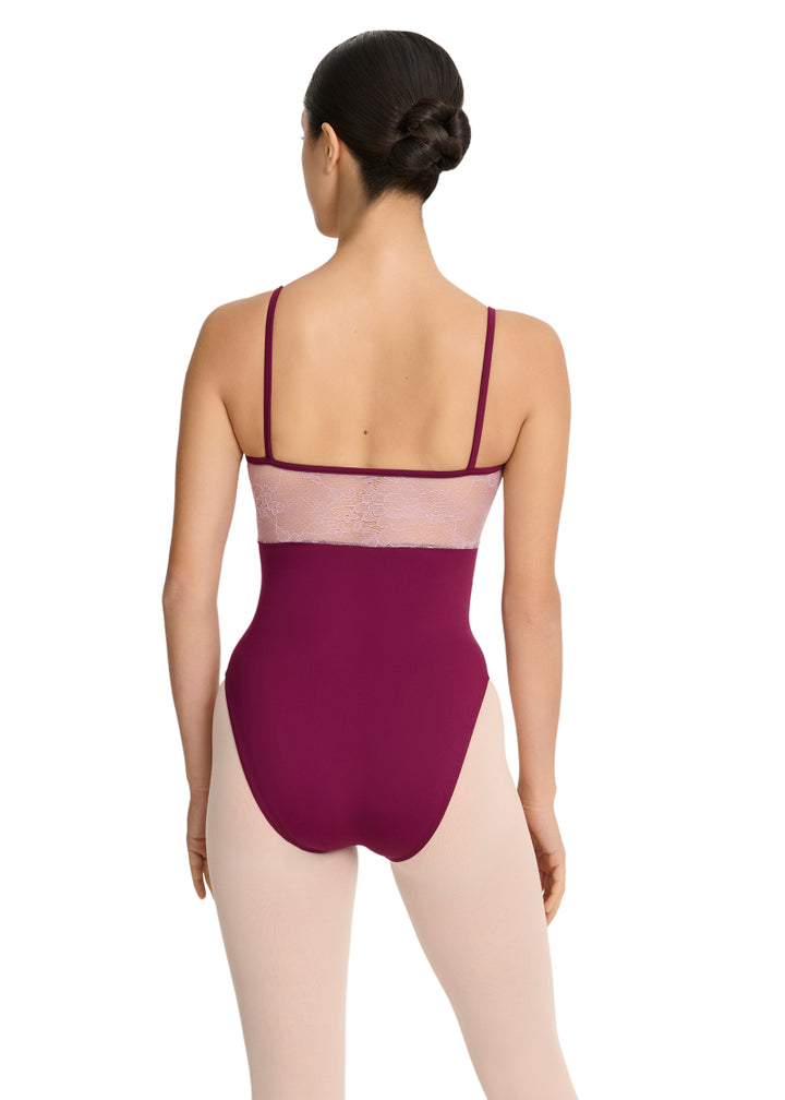 Intermezzo Spring-Summer 2026 Aura Collection 31727-275 Women's Haley Floral Lace Camisole Leotard in Garnet Burgundy with Contrast White Lace Bust Overlay and Back, shown on a ballet dancer